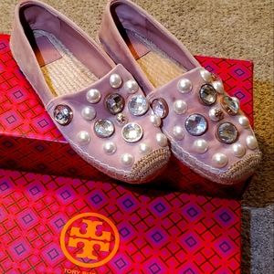 Tory Burch Pink Espadrille-Velvet/Veg Leather in size 5.5